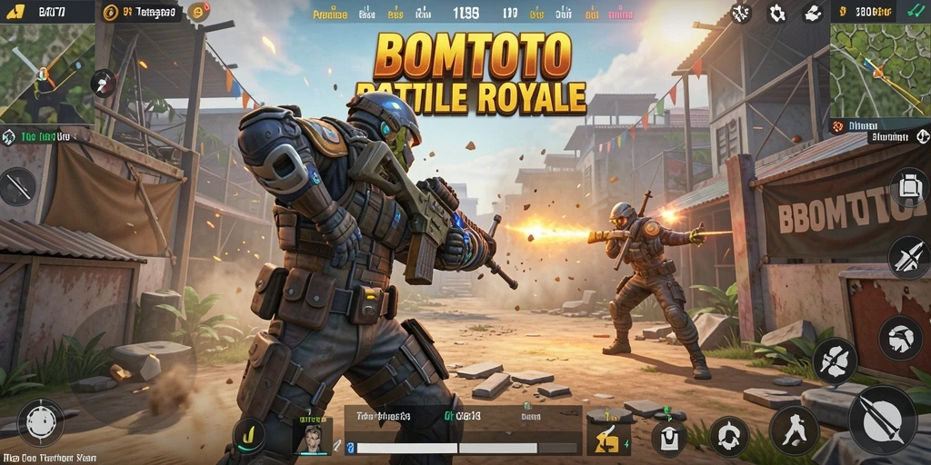 Screenshot utama BOMTOTO menampilkan pertempuran intens di arena Battle Royale.