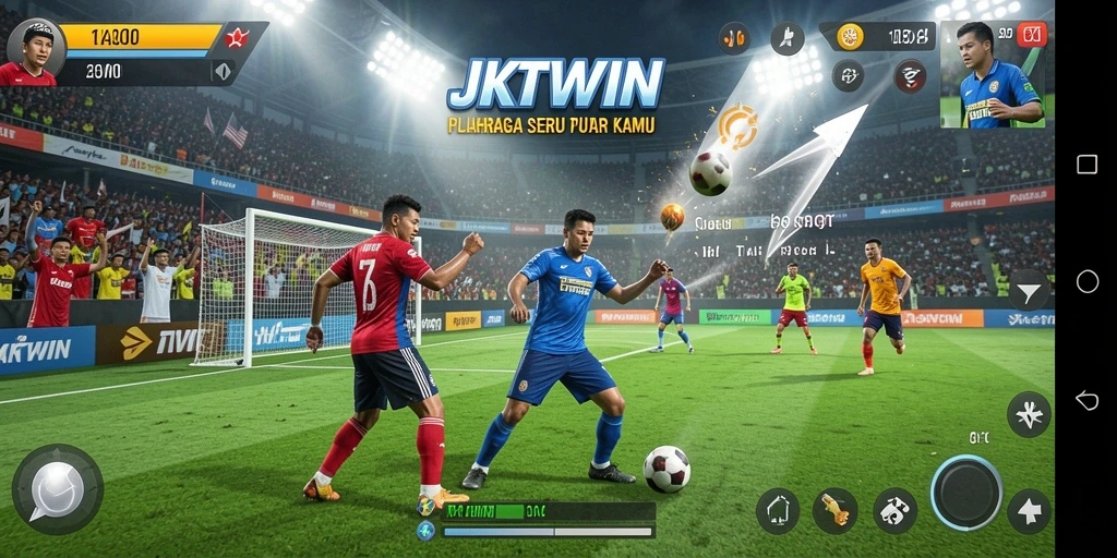 Tangkapan layar gameplay JKTWIN yang menampilkan aksi seru olahraga.