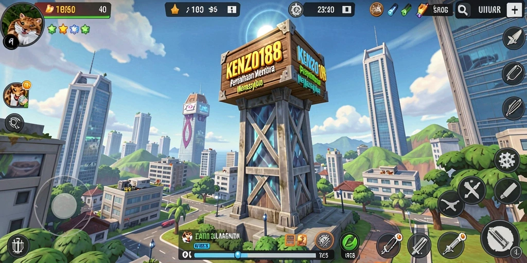 Tampilan gameplay KENZO188 dengan pertempuran menara yang seru.
