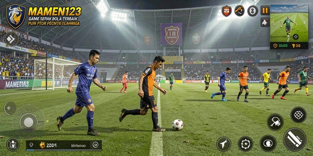 Tangkapan layar MAMEN123 menampilkan aksi permainan sepak bola yang seru.